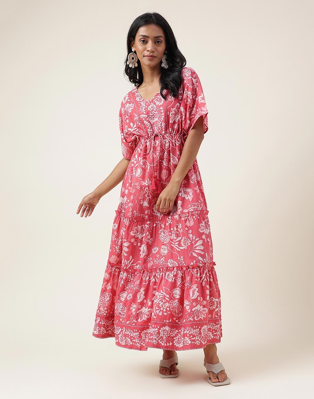 pink cotton printed maxi dress