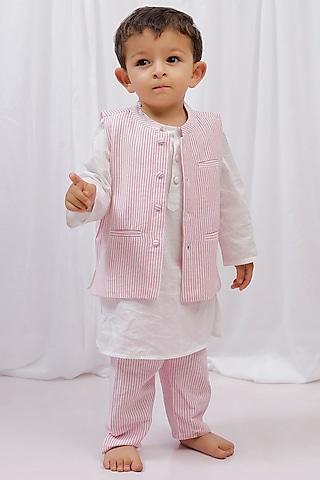 pink cotton printed nehru jacket with kurta set for boys