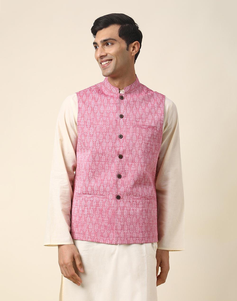 pink cotton printed nehru jacket
