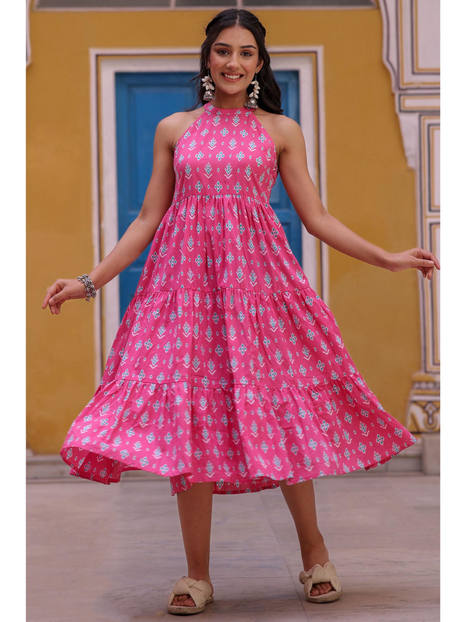 pink cotton printed tiered dress