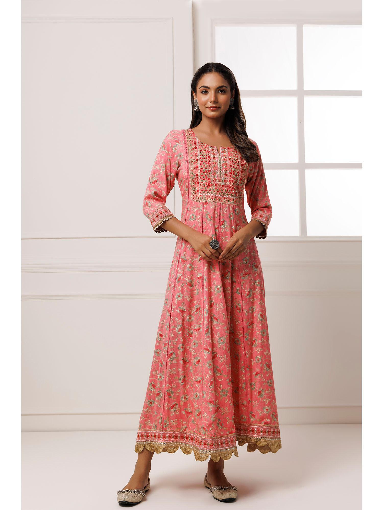 pink cotton-rayon embroidered maxi dress