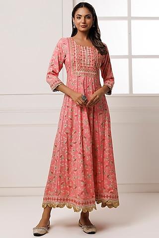 pink cotton rayon printed & embroidered dress