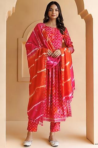 pink cotton rayon printed & embroidered kurta set