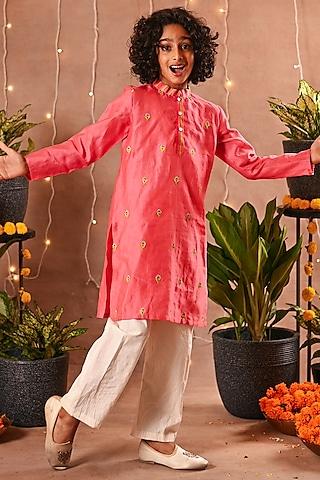 pink cotton silk & cotton poplin embroidered kurta set for boys