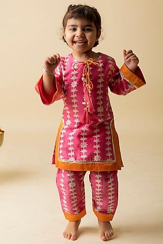 pink cotton silk & cotton voile embroidered kurta set for girls