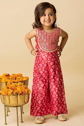 pink cotton silk & cotton voile embroidered pant set for girls