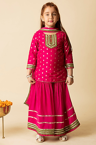pink cotton silk & cotton voile embroidered sharara set for girls