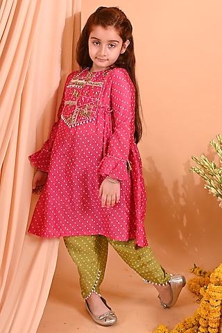 pink cotton silk & cotton voile printed kurta set for girls