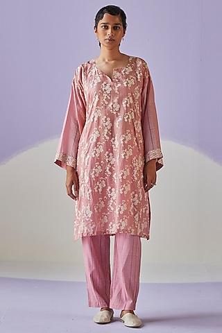 pink cotton silk block printed kurta set