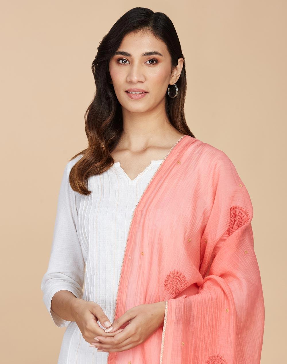 pink cotton silk chikankari embroidered dupatta