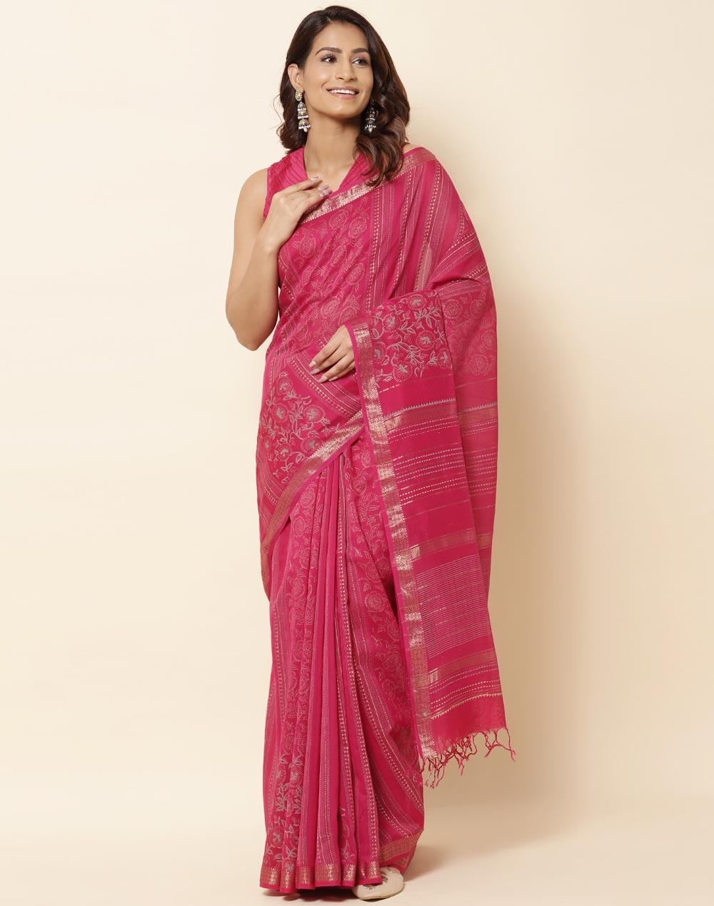 pink cotton silk chota butta hand block printed sari