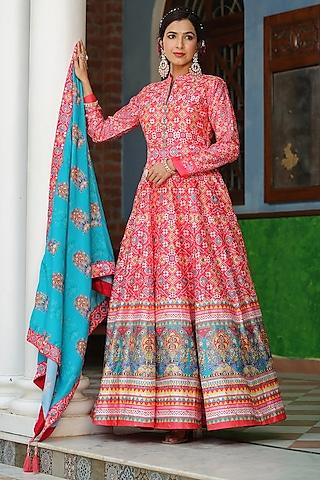 pink cotton silk embellished & printed anarkali set