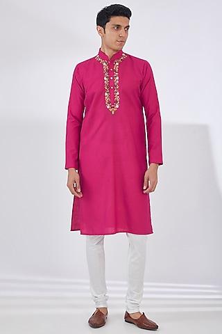 pink cotton silk embroidered kurta set