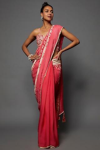 pink cotton silk hand embroidered saree set