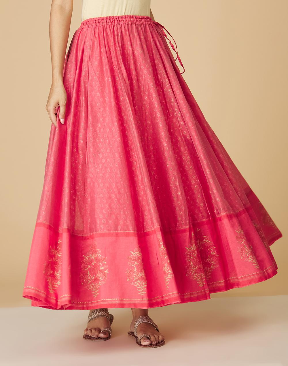 pink cotton silk printed ghera skirt