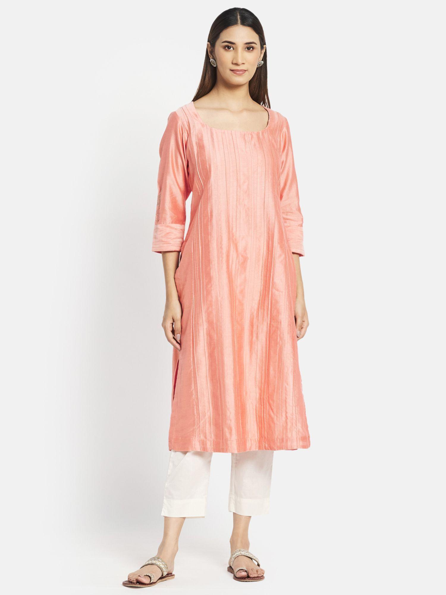 pink cotton silk woven long kurta