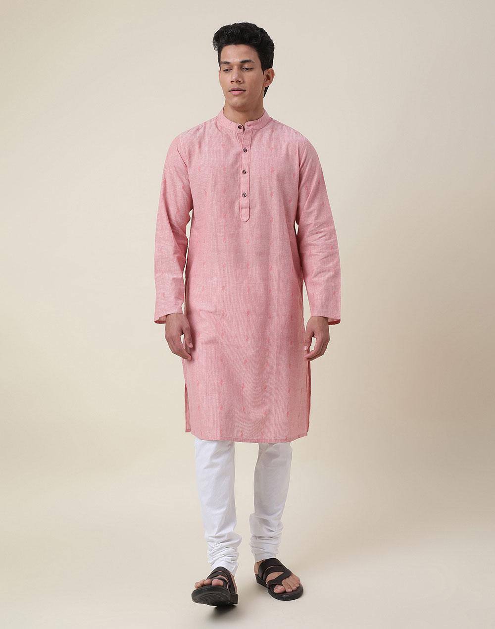 pink cotton slim fit geometric long kurta