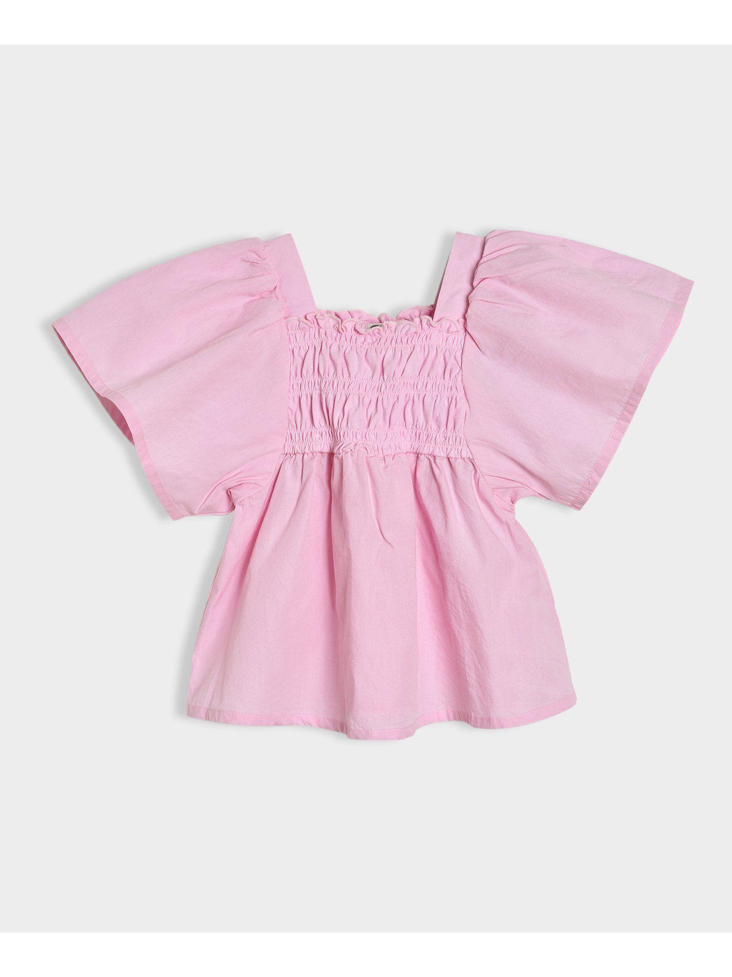 pink cotton solid angle sleeve top for girls