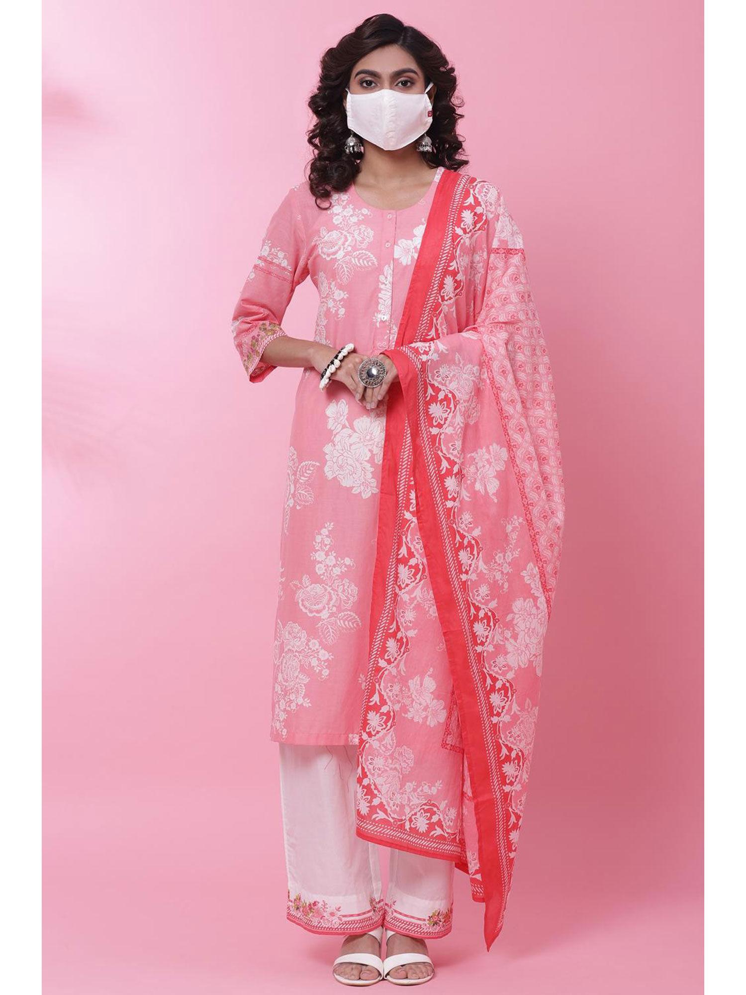 pink cotton straight suit (set of 4)