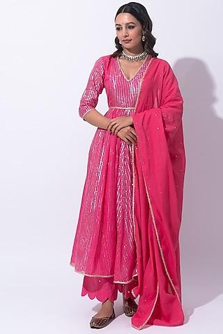 pink cotton striped kurta set