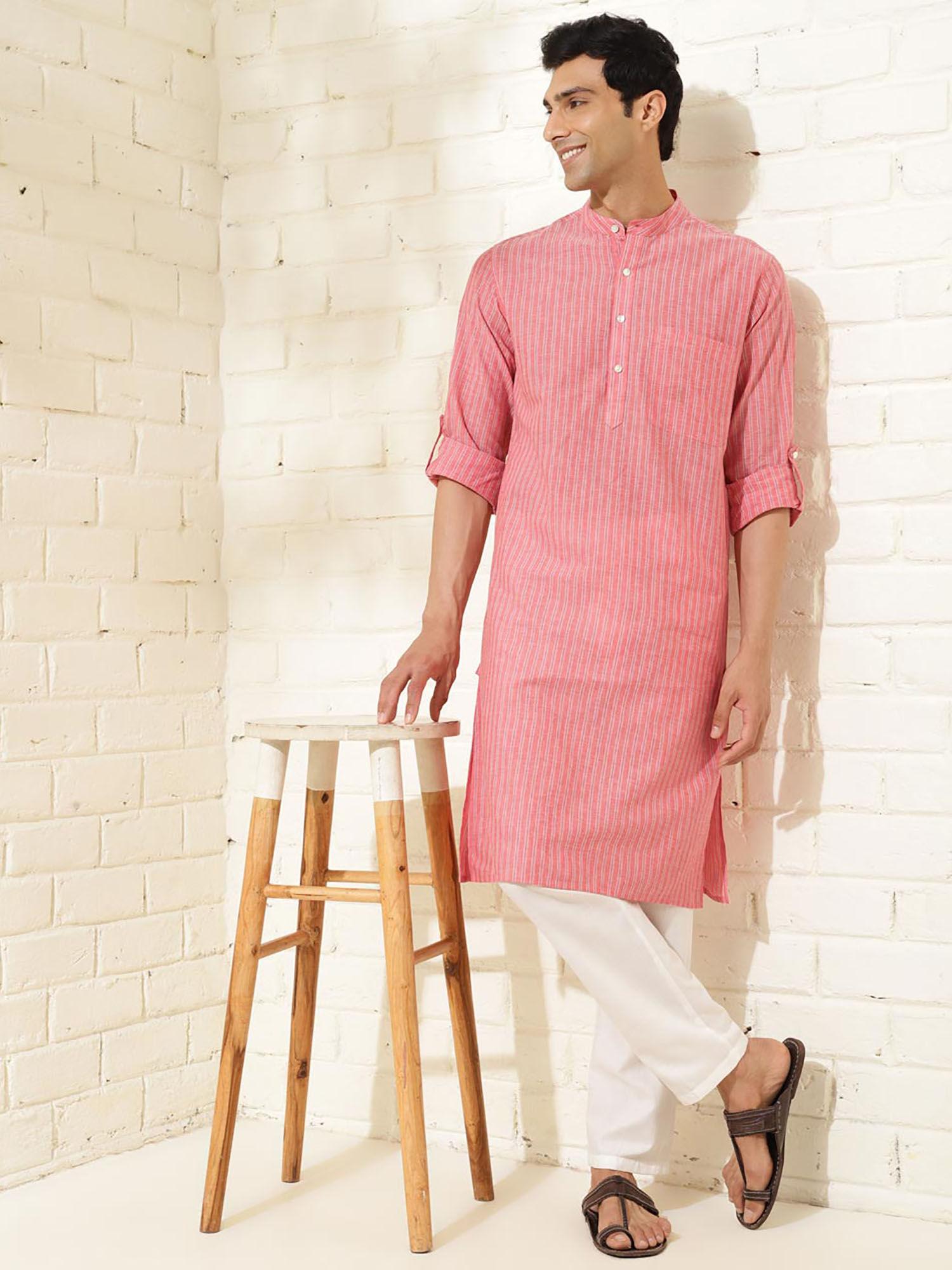 pink cotton striped slim fit long kurta