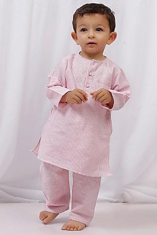 pink cotton stripes printed kurta set for boys