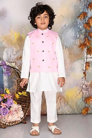 pink cotton thread embroidered jacket set for boys
