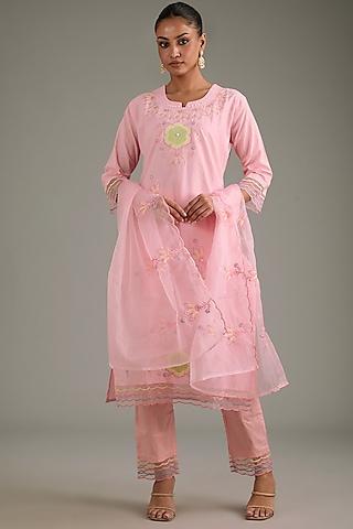 pink cotton thread embroidered kurta set