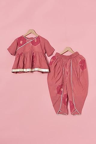 pink cotton tie & dye printed dhoti set for girls