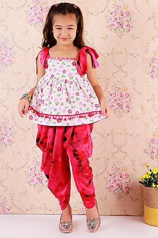 pink cotton tie-dye dhoti set for girls