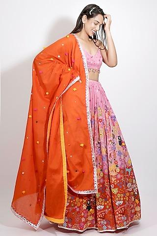 pink cotton voile printed & hand embroidered ombre lehenga set