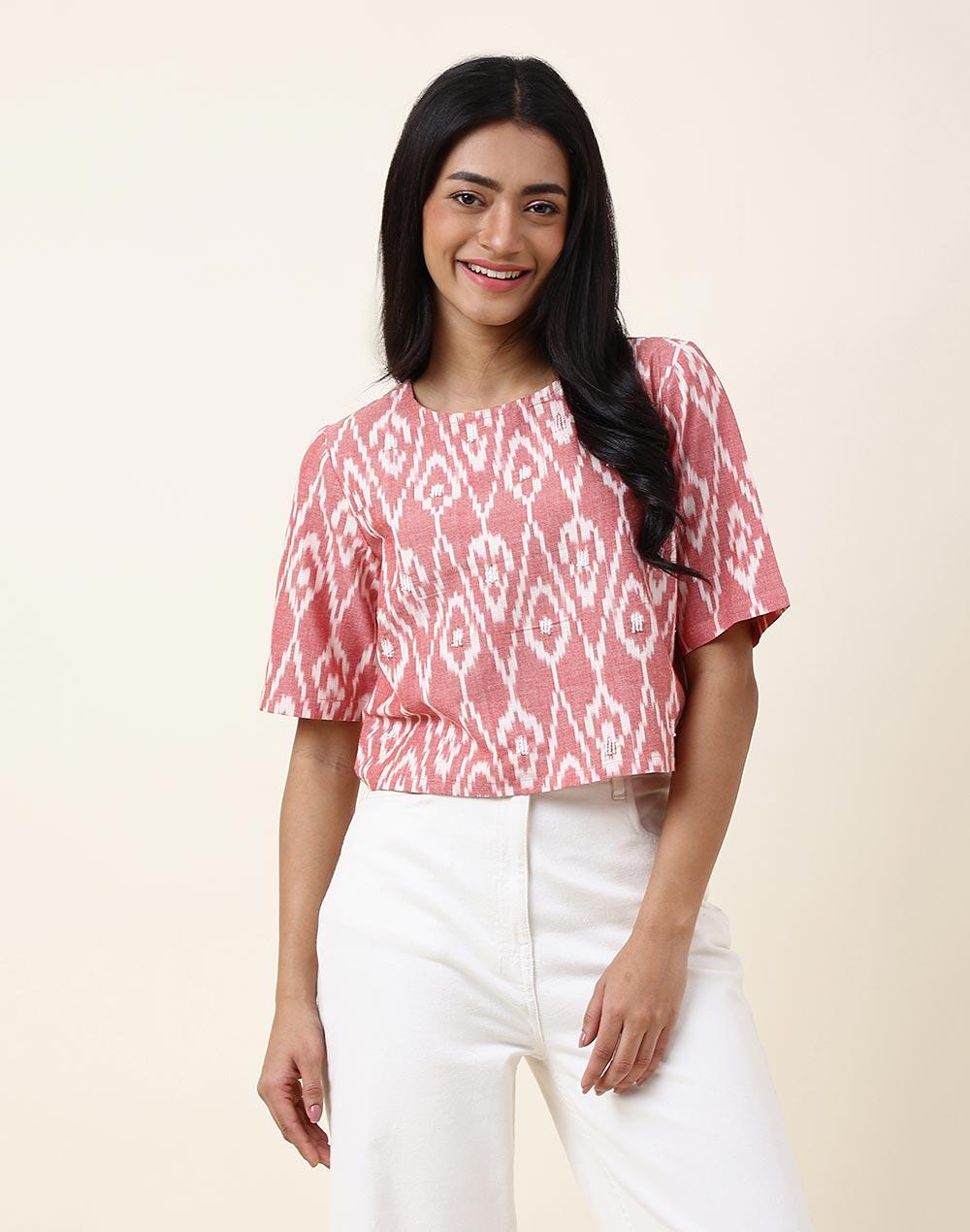 pink cotton woven ikat short top