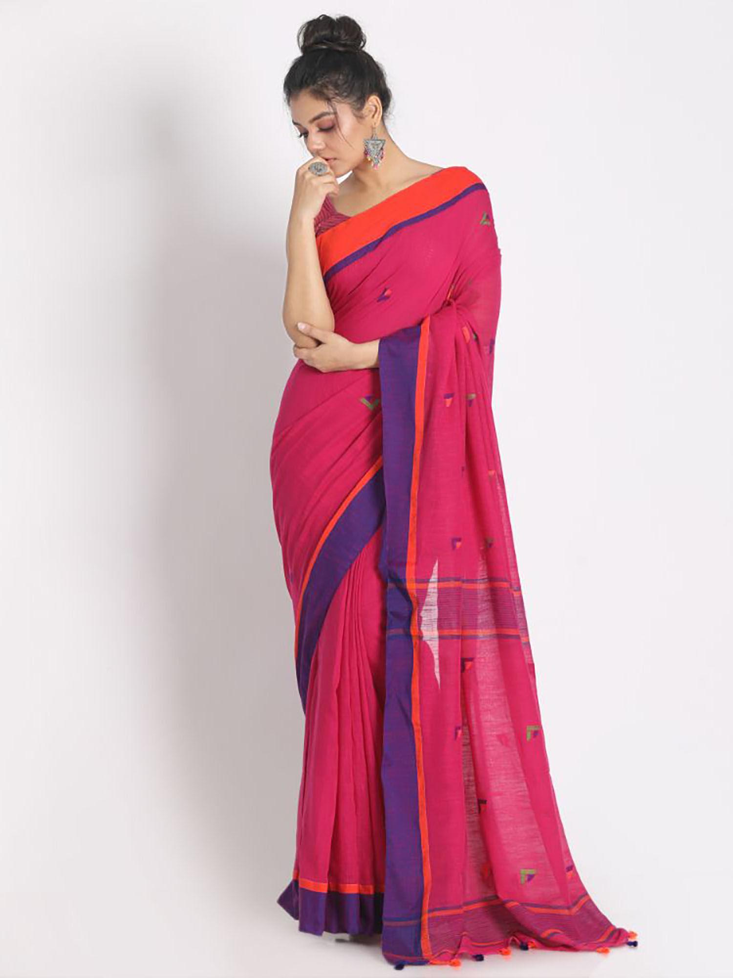 pink cotton woven saree with unstitched blouse