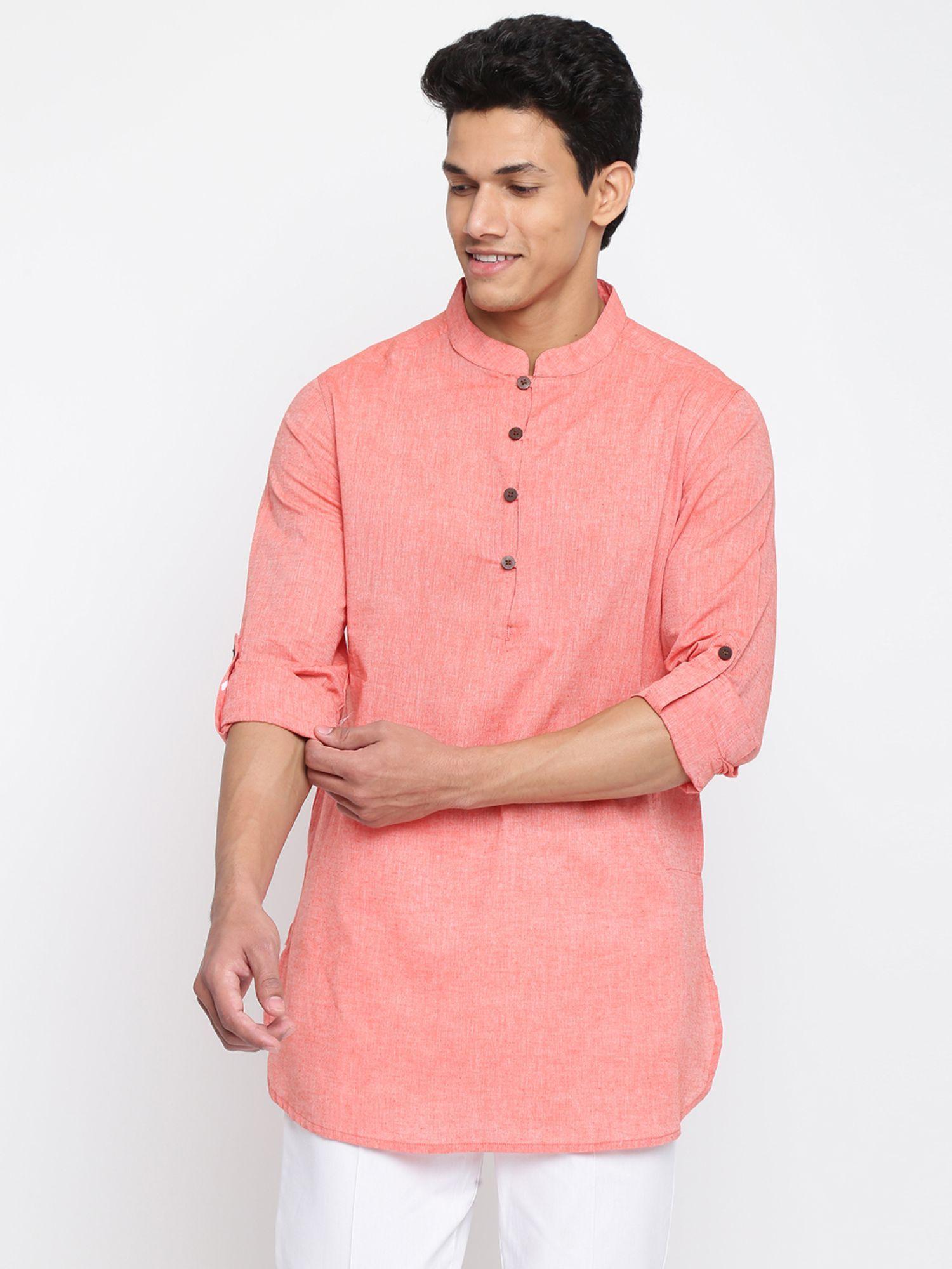 pink cotton woven short kurta