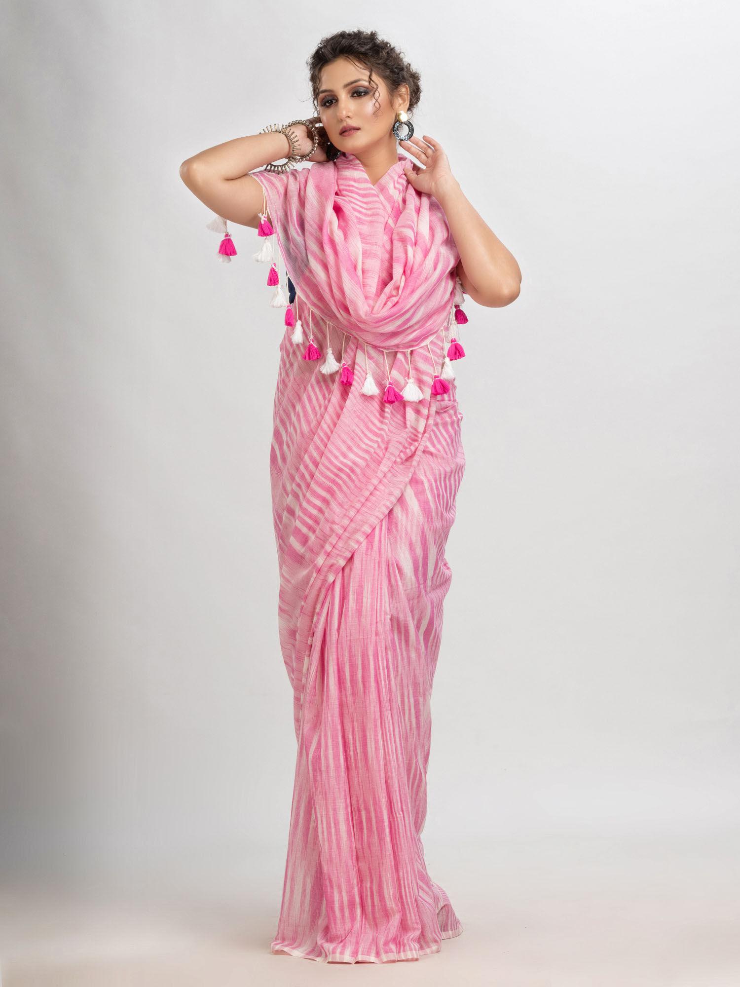 pink cotton woven tassels saree with unstitched blouse