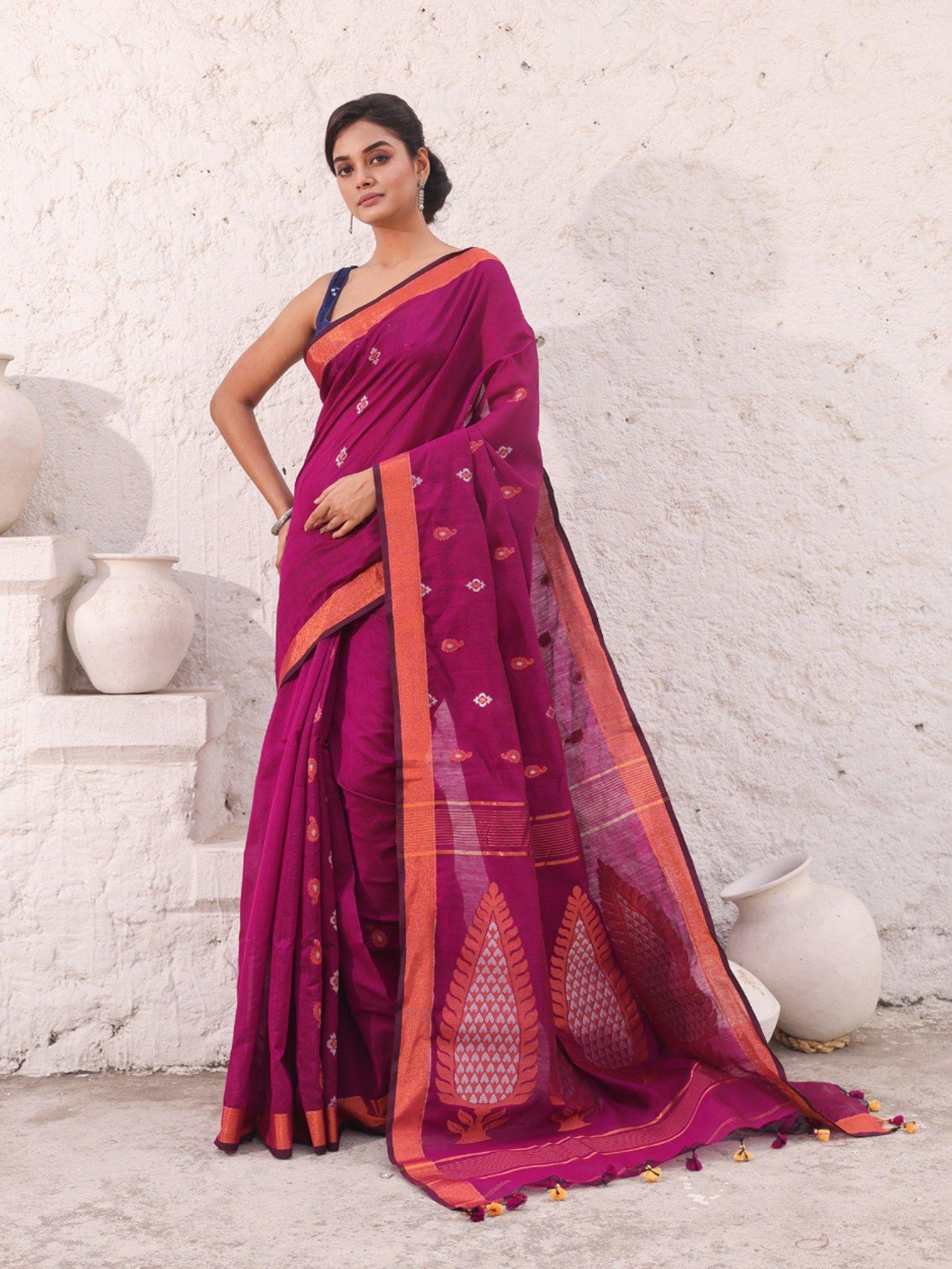 pink cotton zari border woven designs saree with unstitched blouse