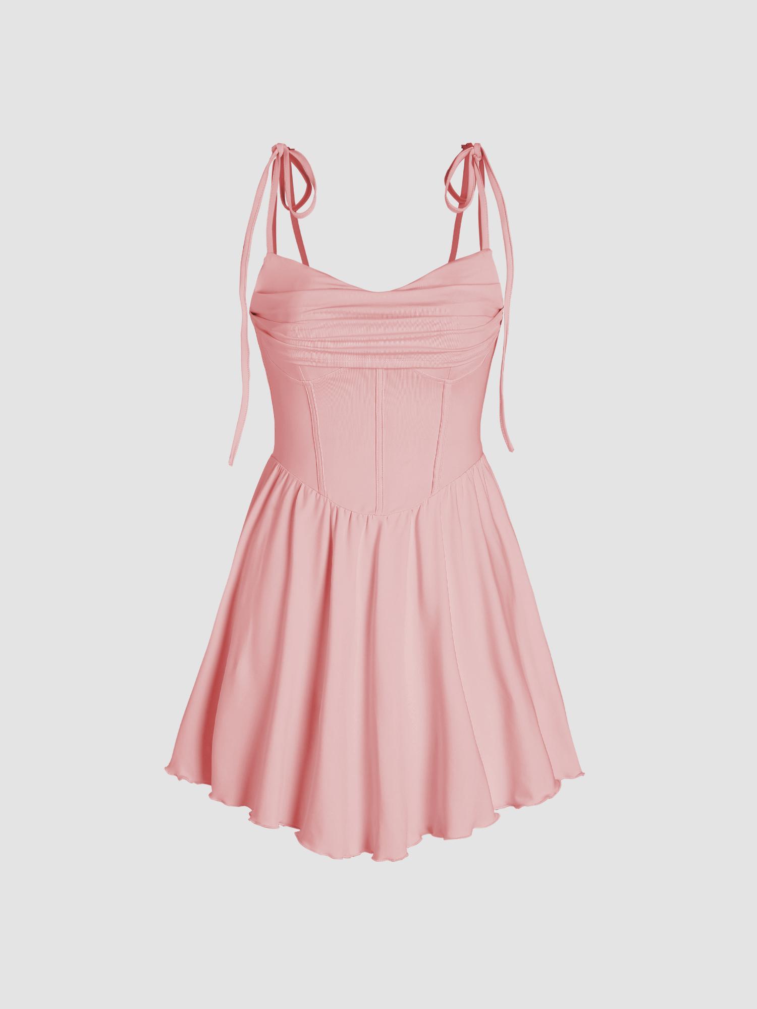 pink cowl neck corset knotted ruffle mini dress