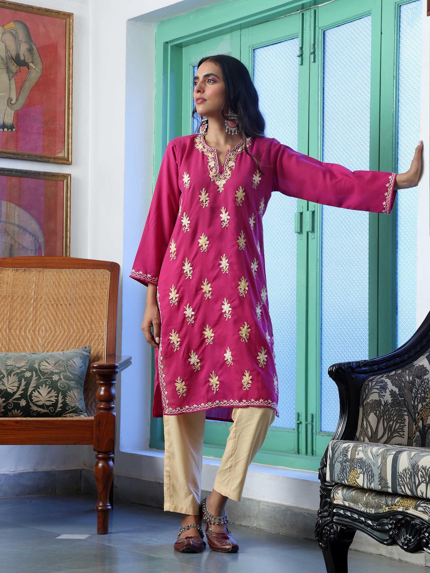 pink crafts aari embroidered long kurta