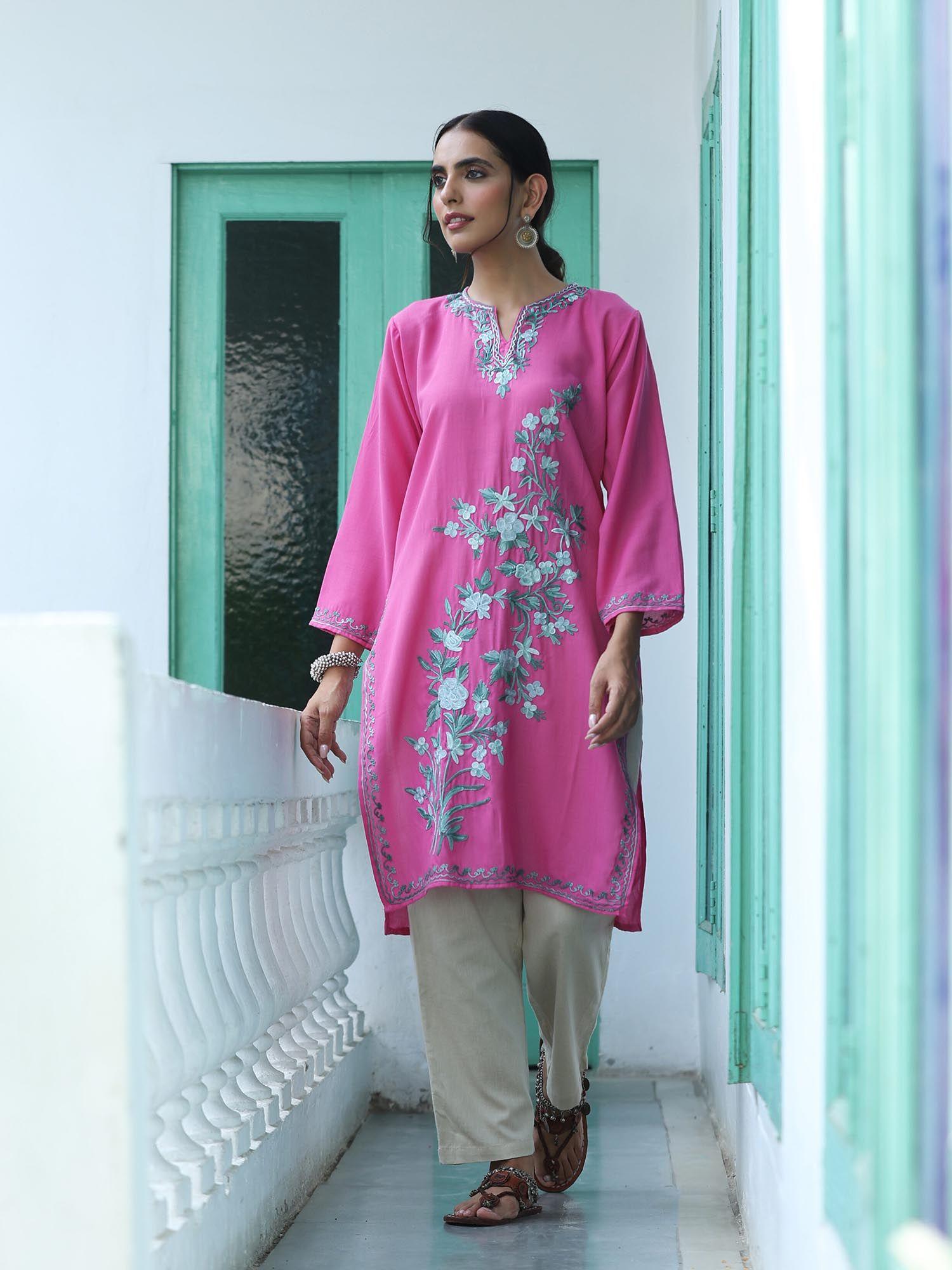 pink crafts aari embroidered long kurta