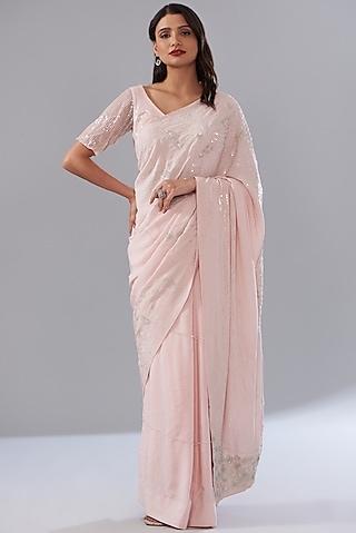 pink crepe & tulle embroidered saree set