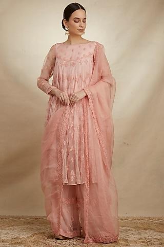 pink crepe anarkali set