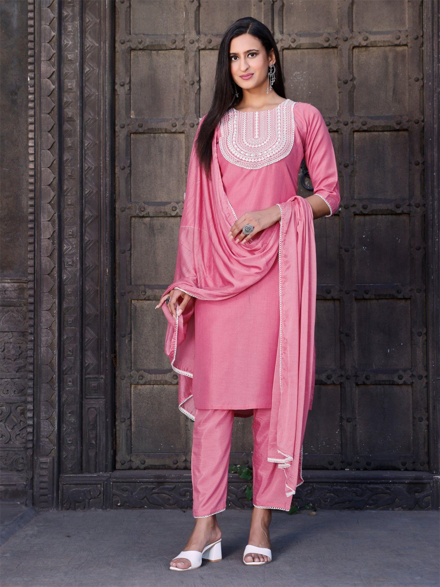 pink crepe embroidery kurta with trouser & dupatta (set of 3)