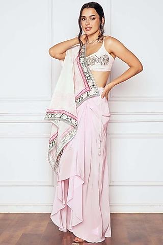pink crepe floral printed asymmetric skirt saree set
