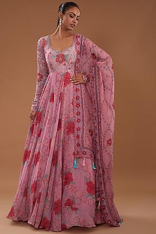 pink crepe floral printed gown with dupatta