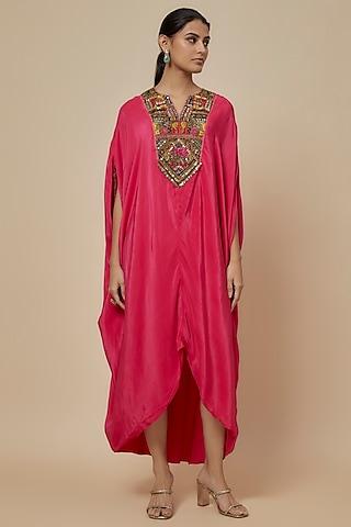 pink crepe hand embroidered kaftan