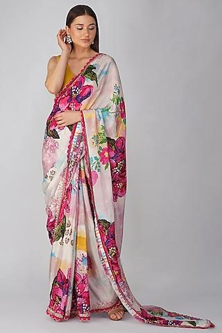 pink crepe printed & embellished saree set