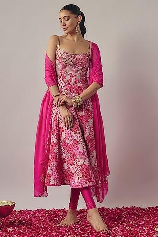 pink crepe printed & embroidered anarkali set