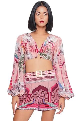 pink crepe printed & embroidered draped top
