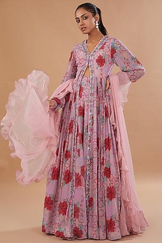 pink crepe printed anarkali set