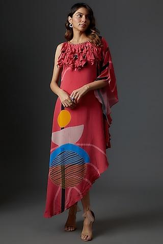 pink crepe printed asymmetric maxi dress